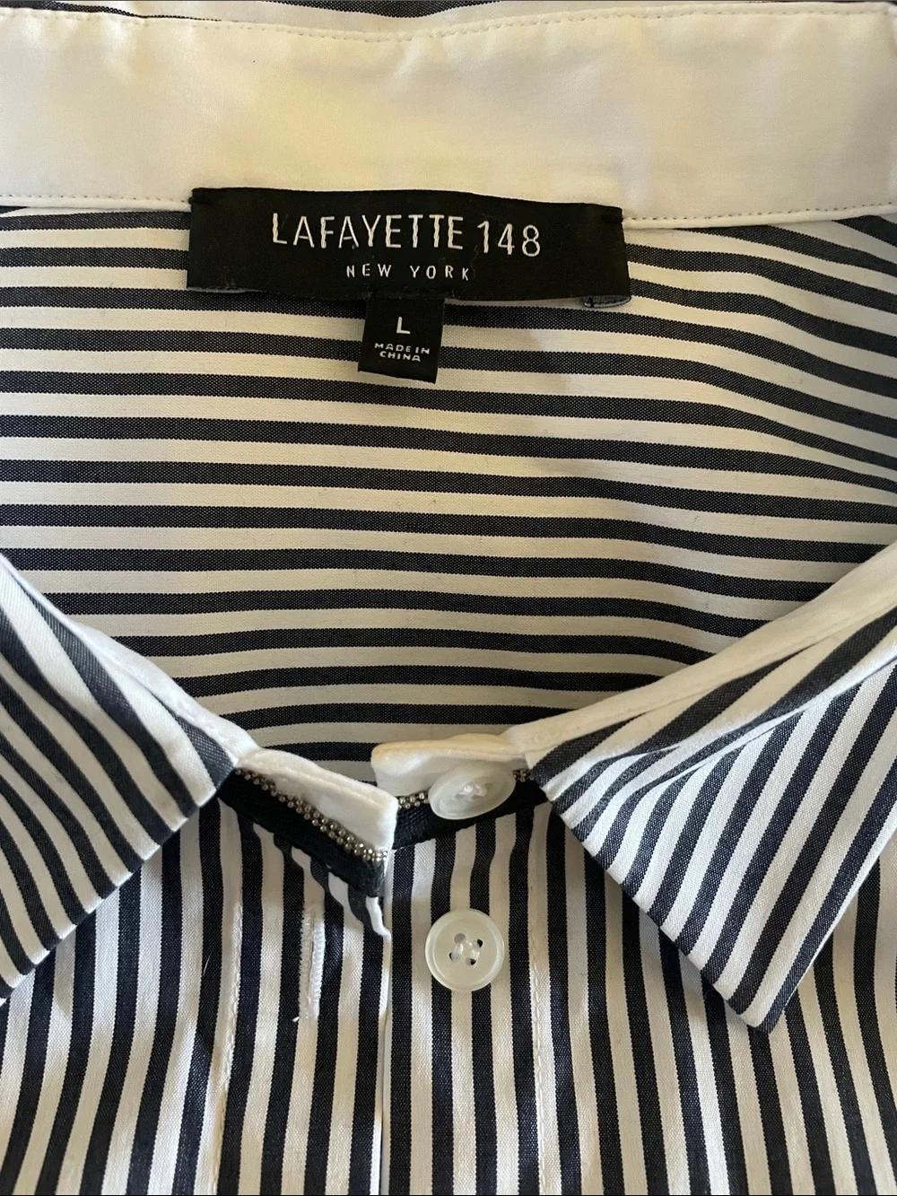 Lafayette 148 New York Women’s Navy and White Striped Dress Shirt/ Monili - Picture 2 of 10